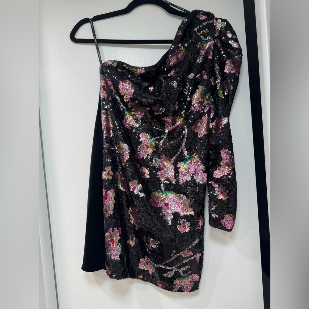 Self-Portrait Black and Pink Sequin One-Shoulder Dress